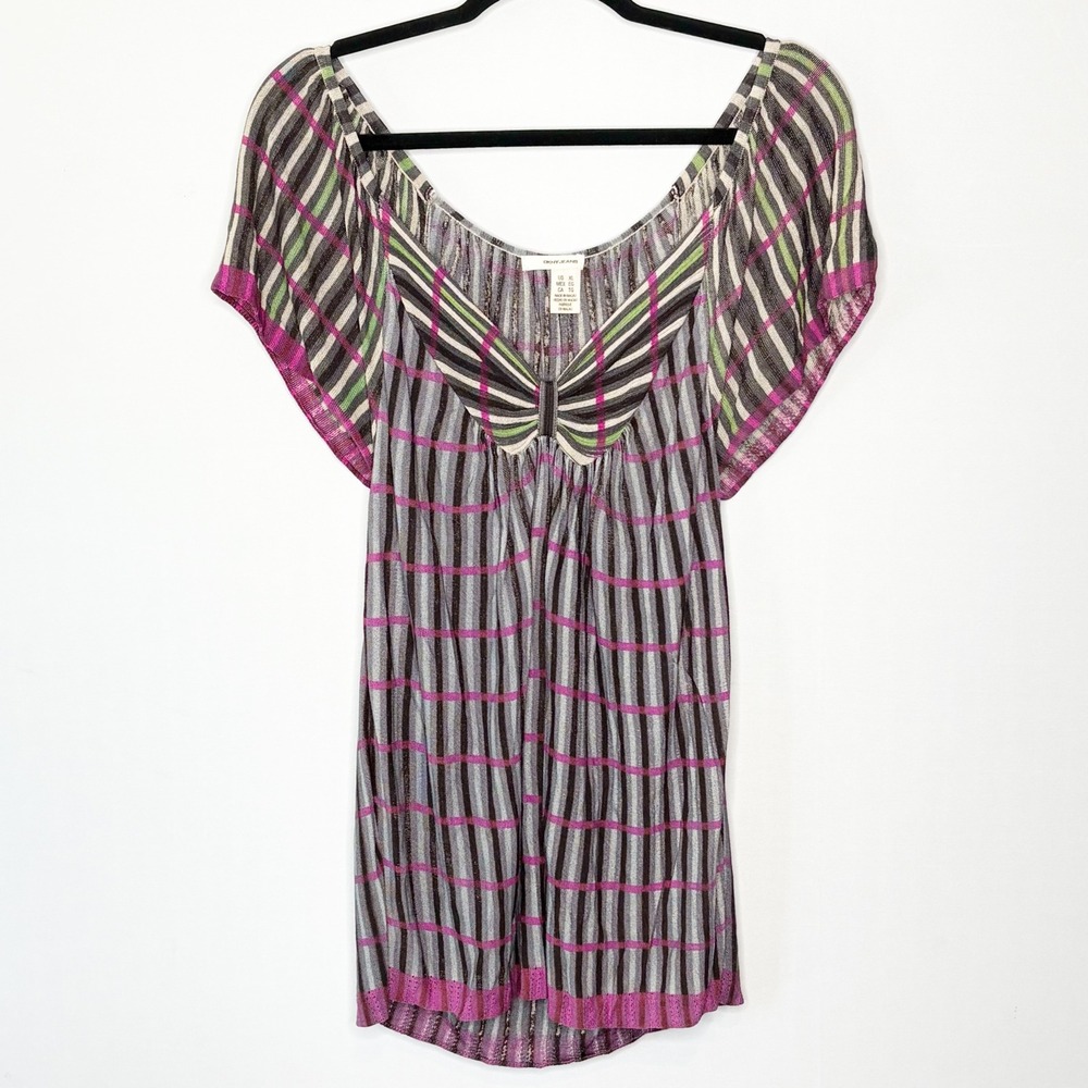 DKNY Jeans‎ Striped Tunic Top Pink Green Gray Butterfly Sleeve Boho Y2K Size XL